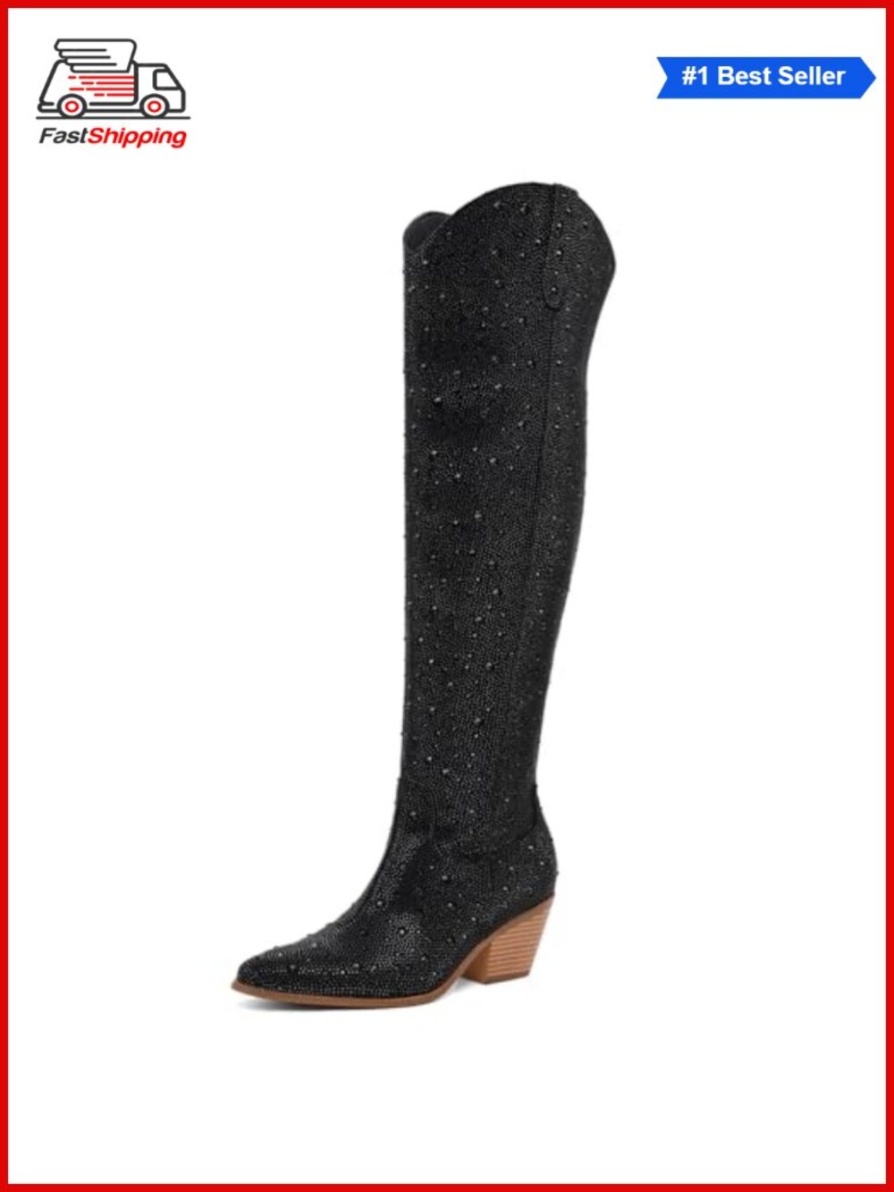 ✨ Rhinestone Over the Knee Cowboy Boots Faux Leather Chunky Heel Western Boots